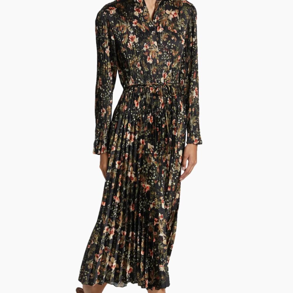 Vince Orchid Vine Floral Print Pleated Satin Long Sleeve Dress $595 NWT
